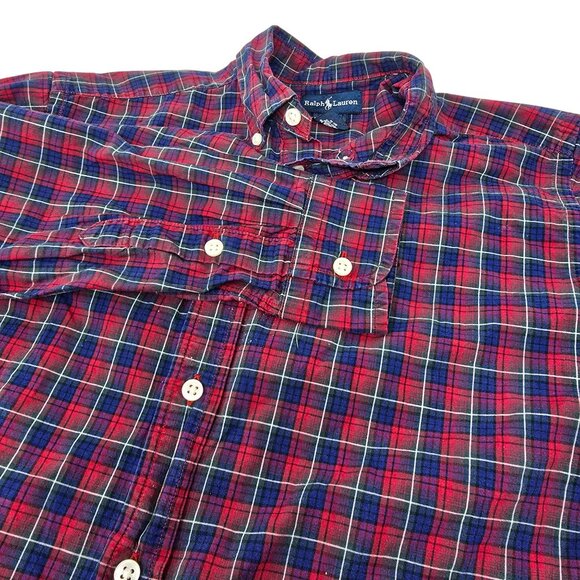Ralph Lauren Button Down Shirt Boys Large (14-16) Red‎ Blue Plaid Long Sleeve - Picture 1 of 5